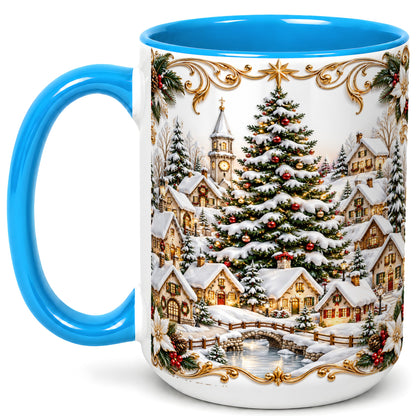 #pl[15oz|Blue] Snowy Christmas Village Coffee Mug, Winter Village Mug, Ceramic Cup