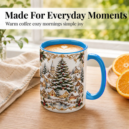 #pl[15oz|Blue] Snowy Christmas Village Coffee Mug, Winter Village Mug, Ceramic Cup