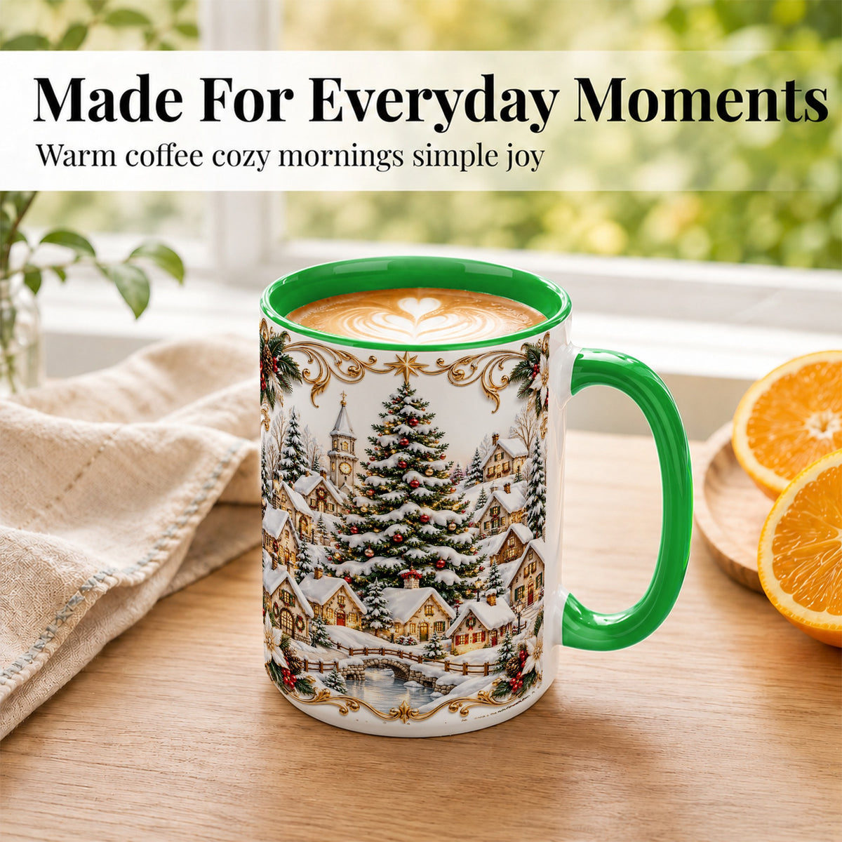 #pl[15oz|Green] Snowy Christmas Village Coffee Mug, Winter Village Mug, Ceramic Cup
