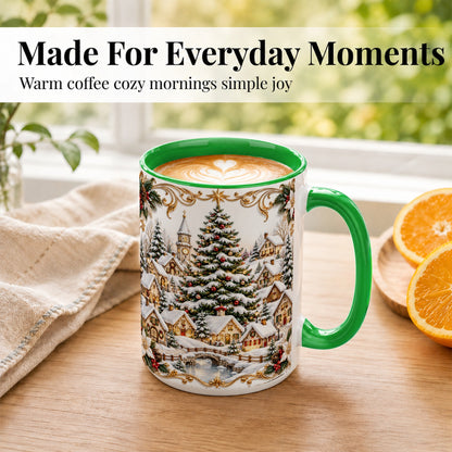 #pl[15oz|Green] Snowy Christmas Village Coffee Mug, Winter Village Mug, Ceramic Cup