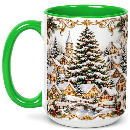 #pl[15oz|Green] Snowy Christmas Village Coffee Mug, Winter Village Mug, Ceramic Cup