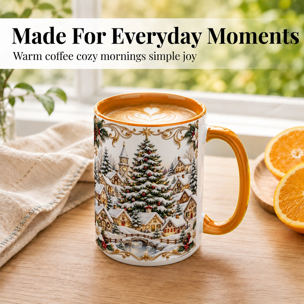 #pl[15oz|Orange] Snowy Christmas Village Coffee Mug, Winter Village Mug, Ceramic Cup