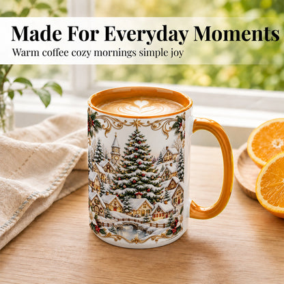 #pl[15oz|Orange] Snowy Christmas Village Coffee Mug, Winter Village Mug, Ceramic Cup