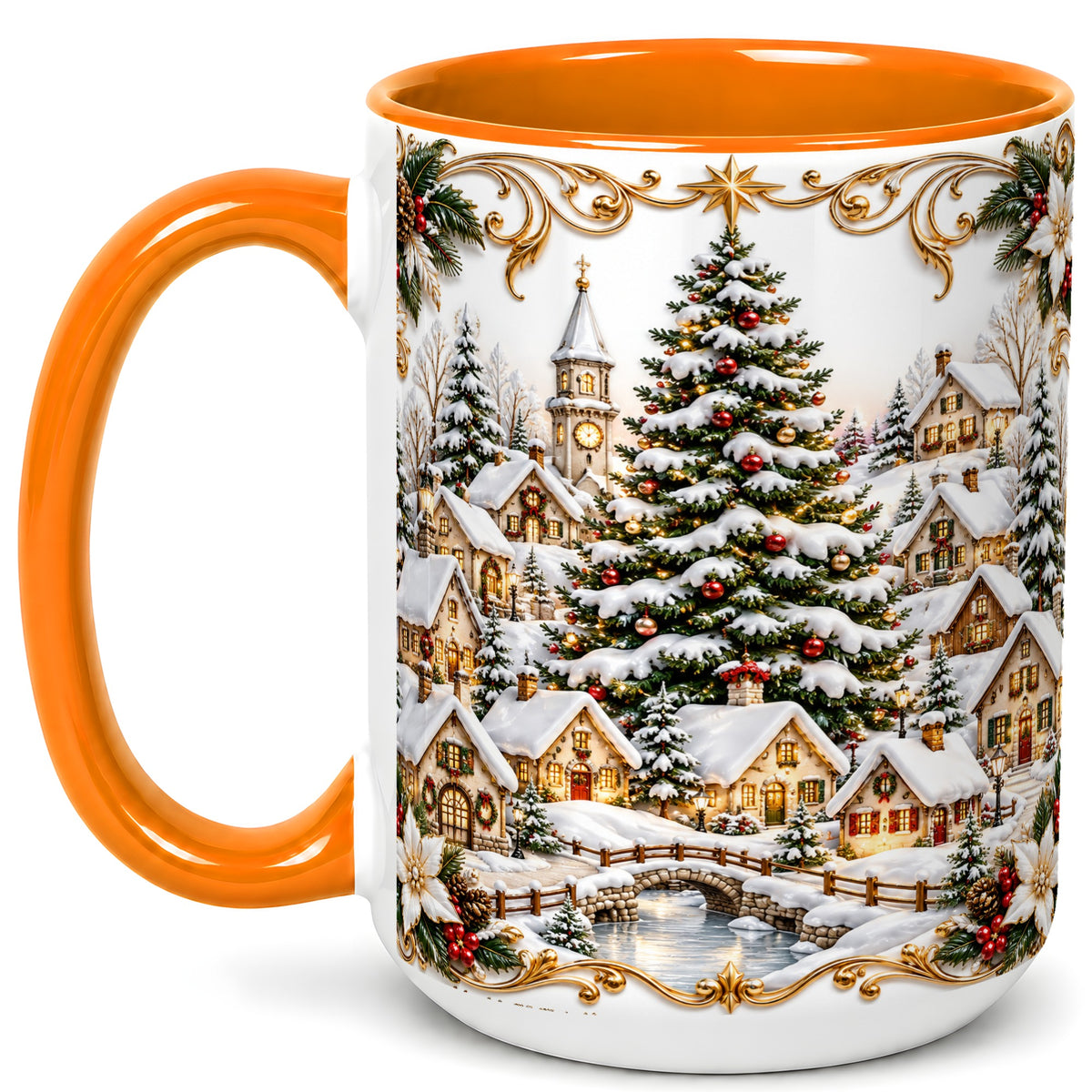 #pl[15oz|Orange] Snowy Christmas Village Coffee Mug, Winter Village Mug, Ceramic Cup