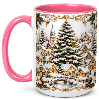 #pl[15oz|Pink] Snowy Christmas Village Coffee Mug, Winter Village Mug, Ceramic Cup