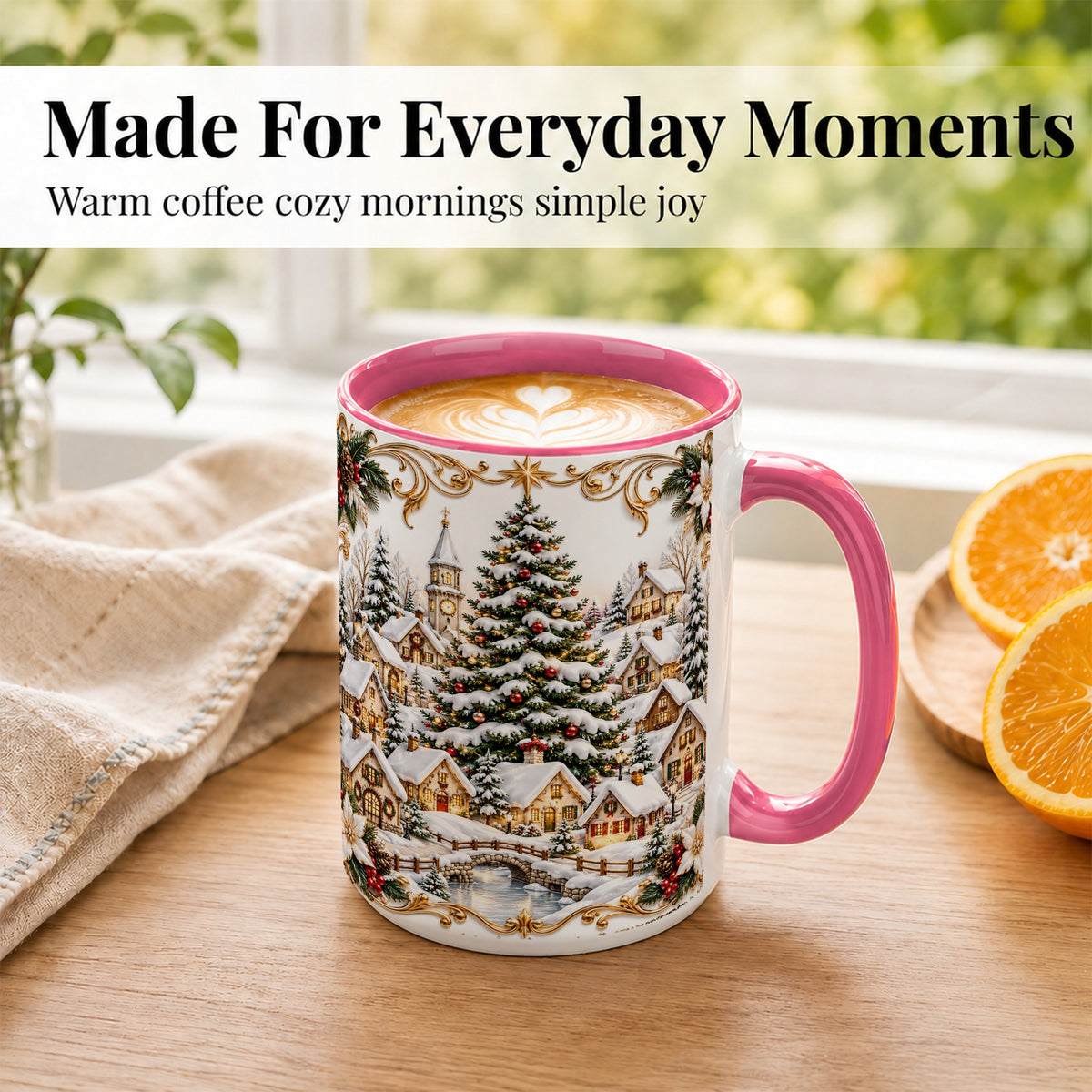 #pl[15oz|Pink] Snowy Christmas Village Coffee Mug, Winter Village Mug, Ceramic Cup