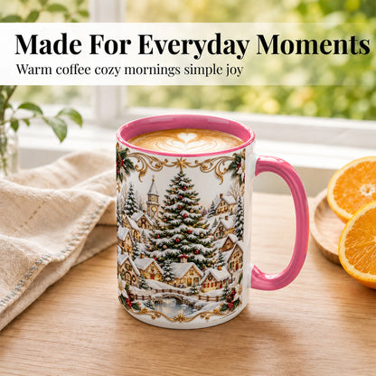 #pl[15oz|Pink] Snowy Christmas Village Coffee Mug, Winter Village Mug, Ceramic Cup