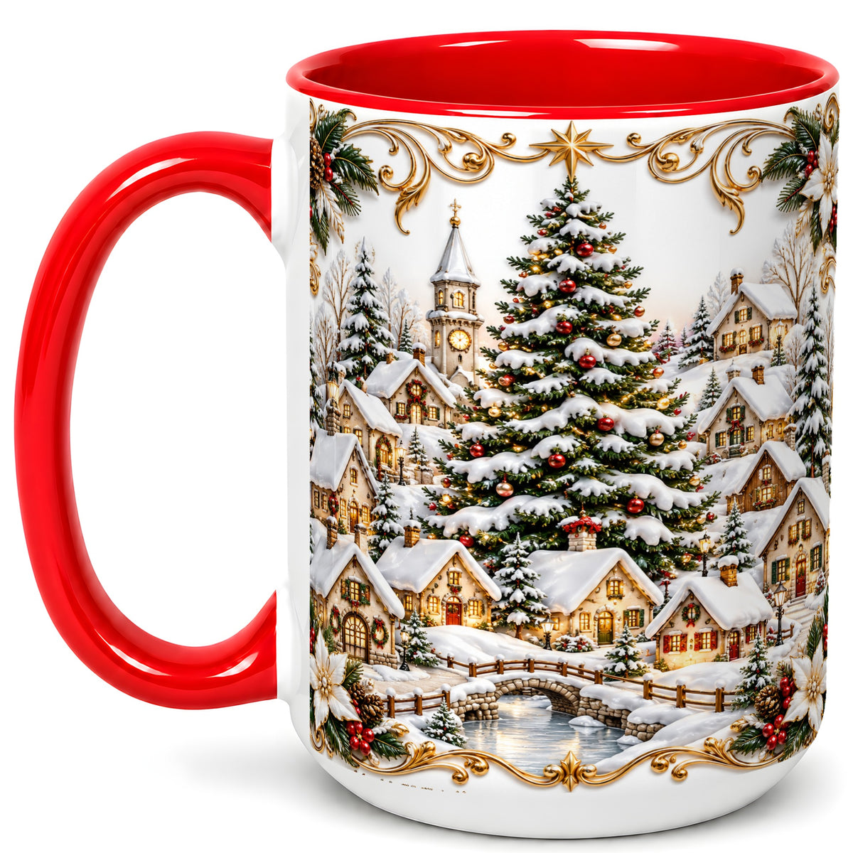 #pl[15oz|Red] Snowy Christmas Village Coffee Mug, Winter Village Mug, Ceramic Cup