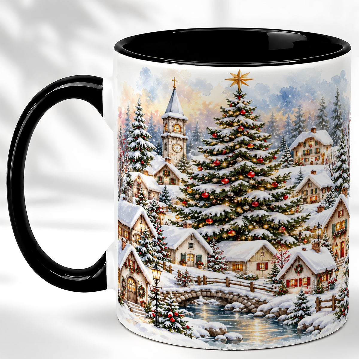 #pl[11oz|Black] Watercolor Christmas Village Coffee Mug, Winter Village Mug, Ceramic Cup
