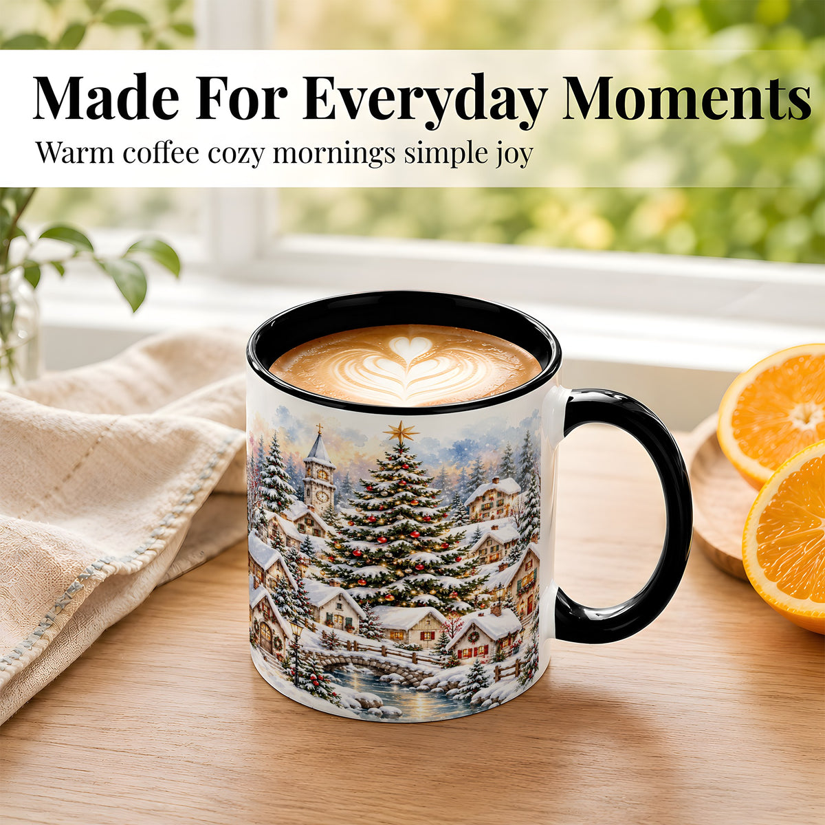 #pl[11oz|Black] Watercolor Christmas Village Coffee Mug, Winter Village Mug, Ceramic Cup