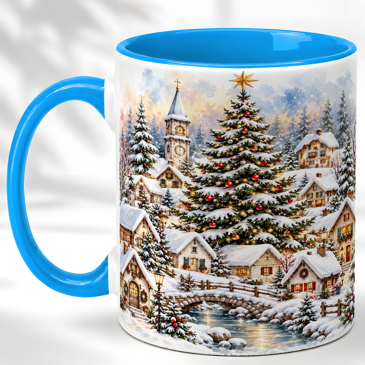 #pl[11oz|Blue] Watercolor Christmas Village Coffee Mug, Winter Village Mug, Ceramic Cup