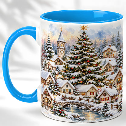 #pl[11oz|Blue] Watercolor Christmas Village Coffee Mug, Winter Village Mug, Ceramic Cup