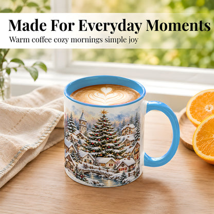#pl[11oz|Blue] Watercolor Christmas Village Coffee Mug, Winter Village Mug, Ceramic Cup