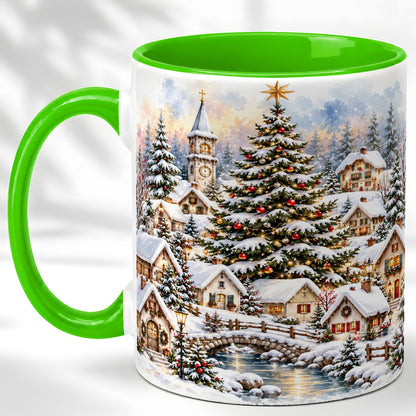 #pl[11oz|Green] Watercolor Christmas Village Coffee Mug, Winter Village Mug, Ceramic Cup