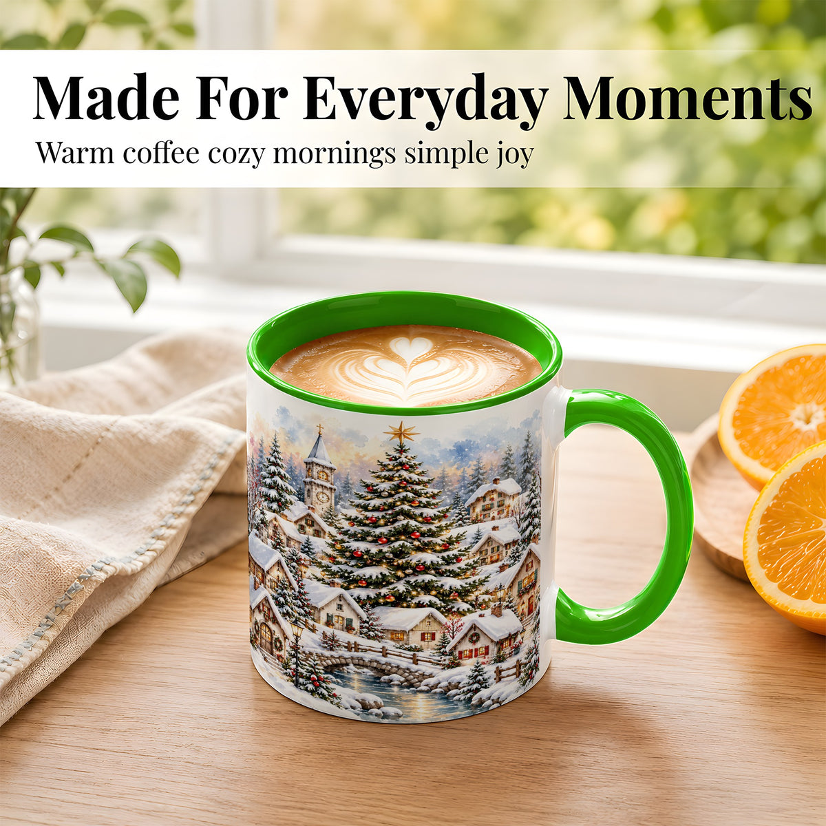 #pl[11oz|Green] Watercolor Christmas Village Coffee Mug, Winter Village Mug, Ceramic Cup