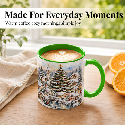 #pl[11oz|Green] Watercolor Christmas Village Coffee Mug, Winter Village Mug, Ceramic Cup
