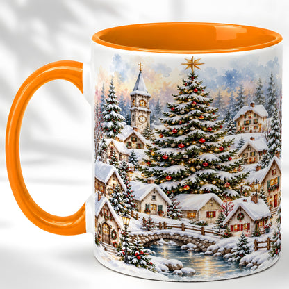 #pl[11oz|Orange] Watercolor Christmas Village Coffee Mug, Winter Village Mug, Ceramic Cup