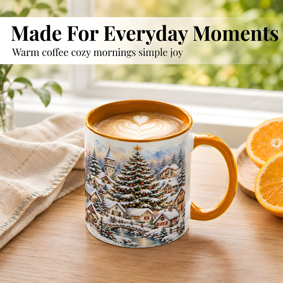 #pl[11oz|Orange] Watercolor Christmas Village Coffee Mug, Winter Village Mug, Ceramic Cup