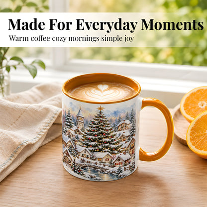 #pl[11oz|Orange] Watercolor Christmas Village Coffee Mug, Winter Village Mug, Ceramic Cup