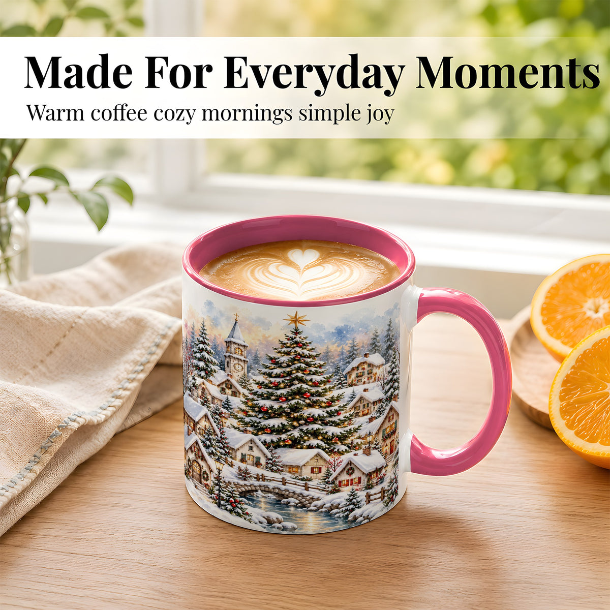 #pl[11oz|Pink] Watercolor Christmas Village Coffee Mug, Winter Village Mug, Ceramic Cup