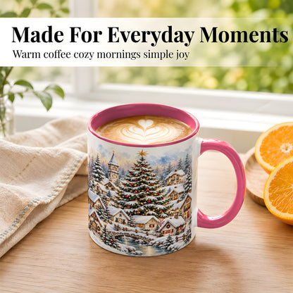 #pl[11oz|Pink] Watercolor Christmas Village Coffee Mug, Winter Village Mug, Ceramic Cup