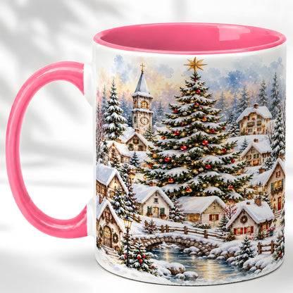 #pl[11oz|Pink] Watercolor Christmas Village Coffee Mug, Winter Village Mug, Ceramic Cup