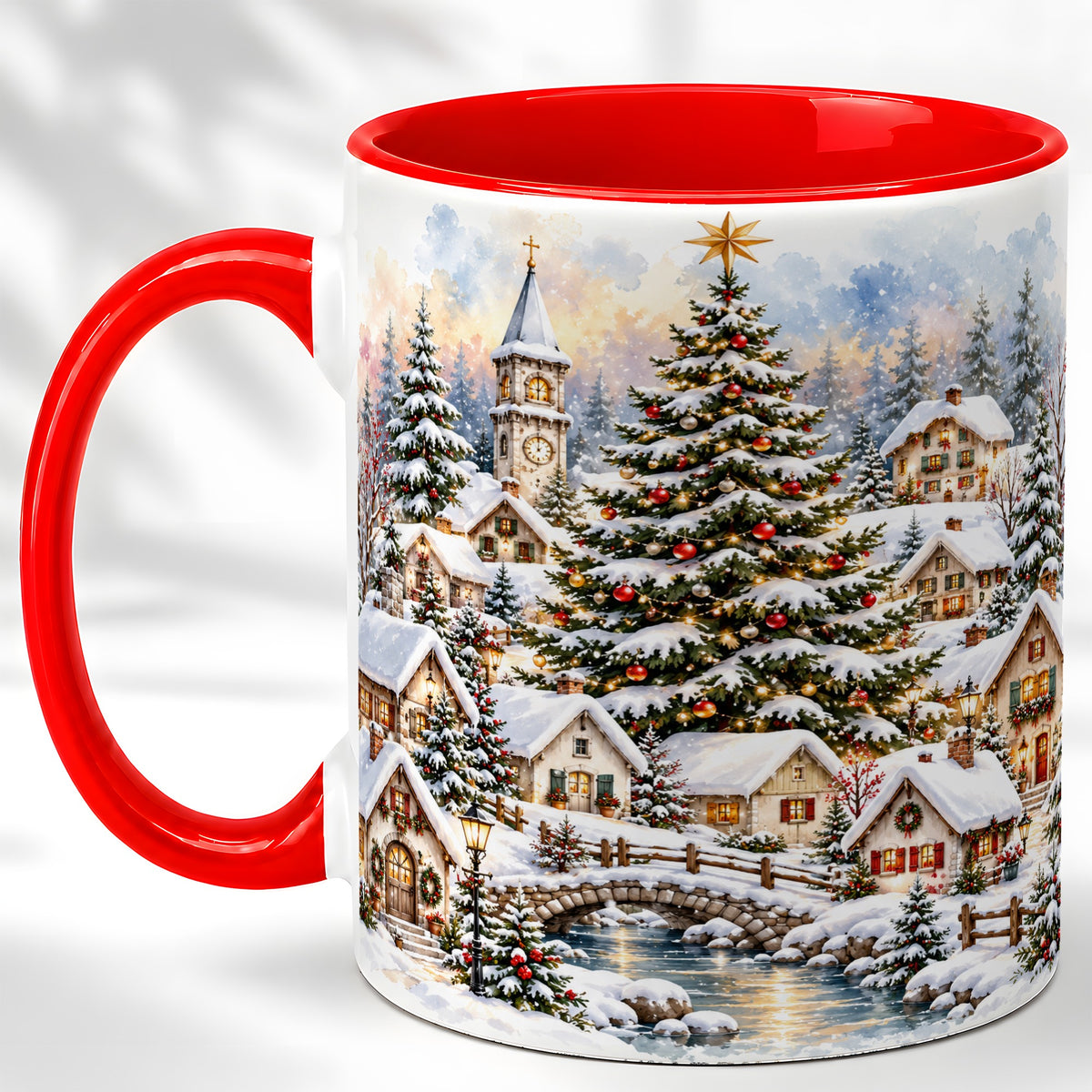 Watercolor Christmas Village Coffee Mug, Winter Village Mug, Ceramic Cup