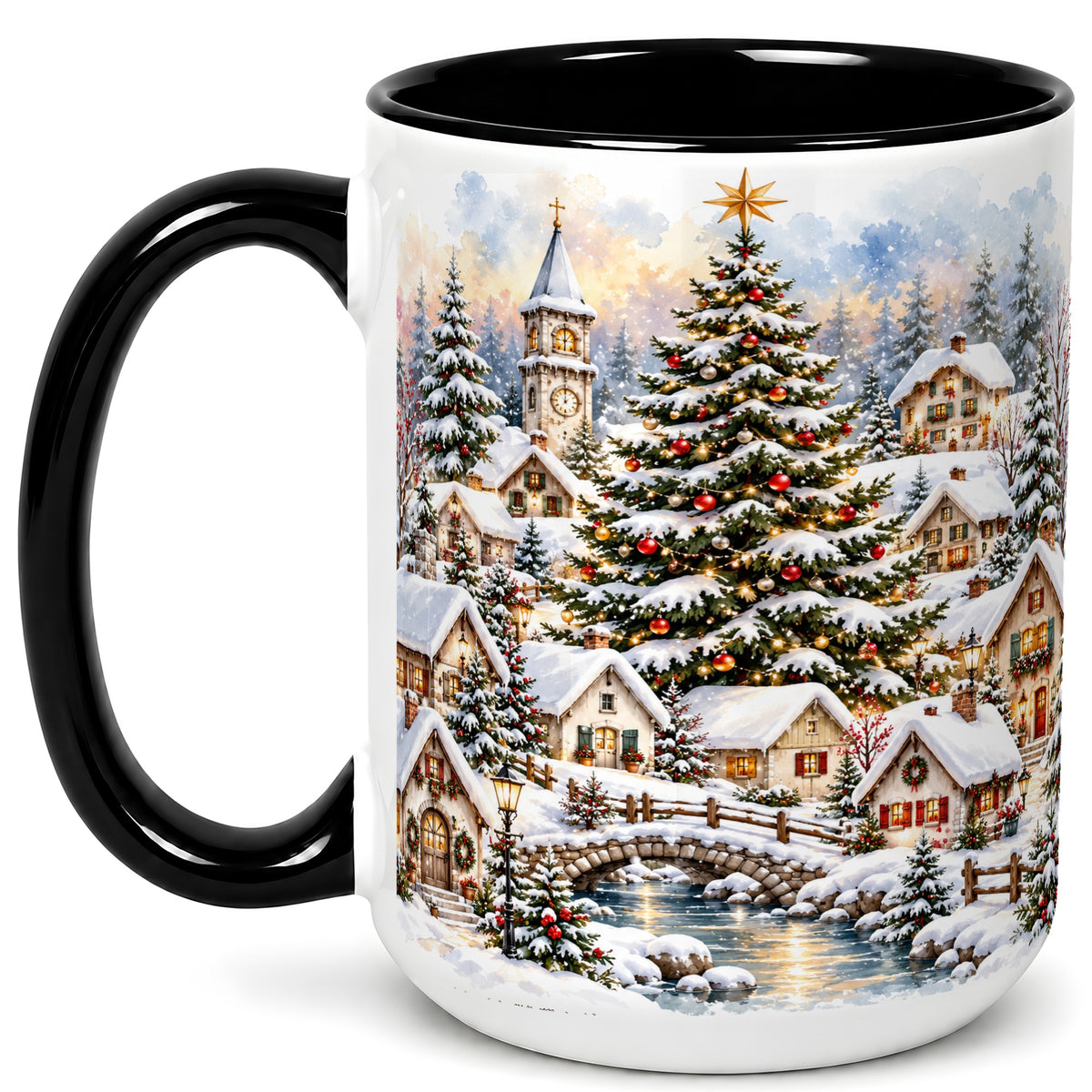 #pl[15oz|Black] Watercolor Christmas Village Coffee Mug, Winter Village Mug, Ceramic Cup