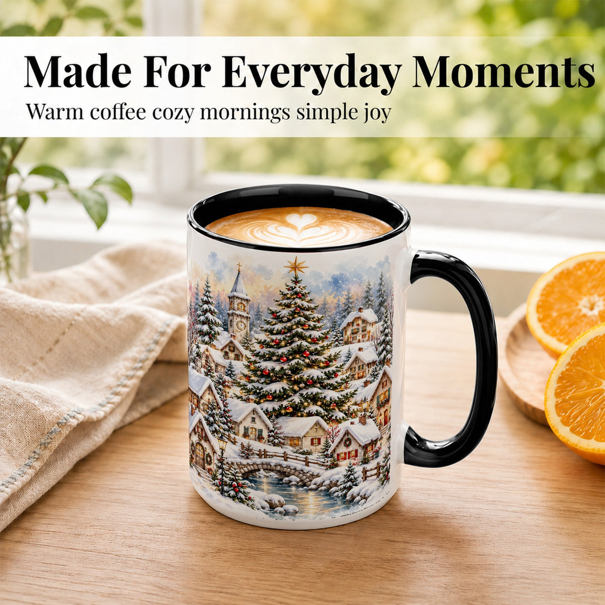 #pl[15oz|Black] Watercolor Christmas Village Coffee Mug, Winter Village Mug, Ceramic Cup