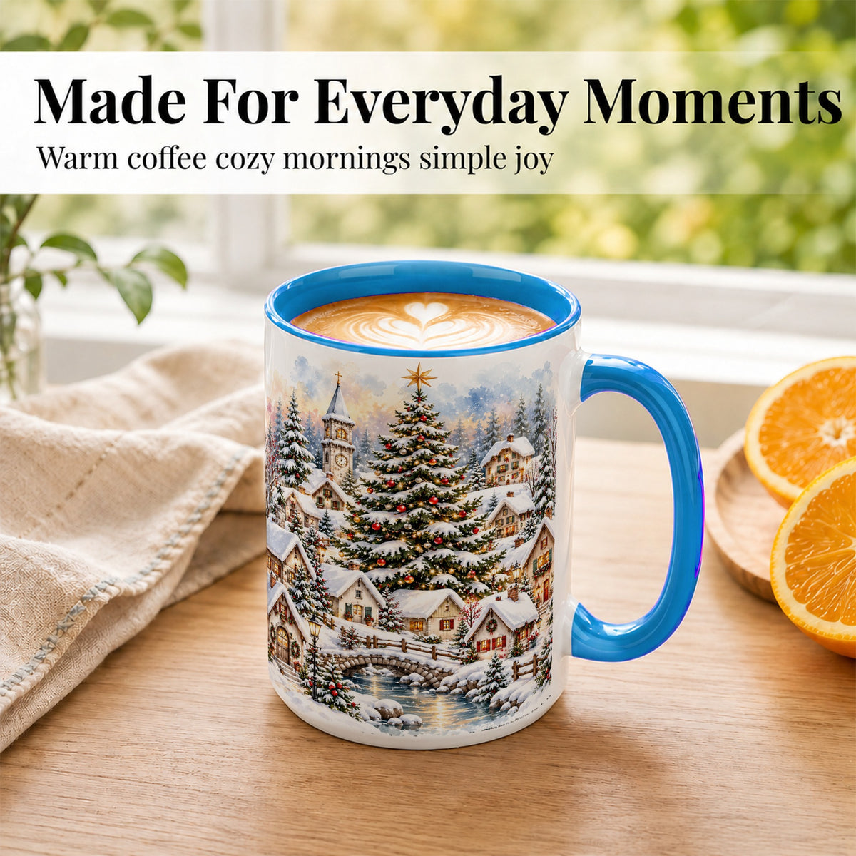 #pl[15oz|Blue] Watercolor Christmas Village Coffee Mug, Winter Village Mug, Ceramic Cup