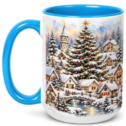 #pl[15oz|Blue] Watercolor Christmas Village Coffee Mug, Winter Village Mug, Ceramic Cup
