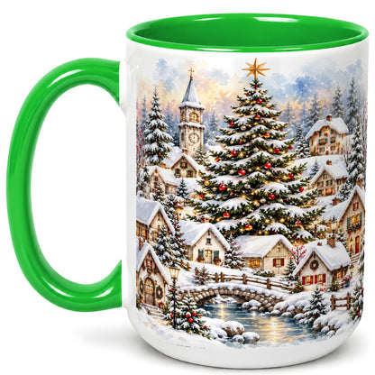 #pl[15oz|Green] Watercolor Christmas Village Coffee Mug, Winter Village Mug, Ceramic Cup