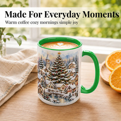 #pl[15oz|Green] Watercolor Christmas Village Coffee Mug, Winter Village Mug, Ceramic Cup