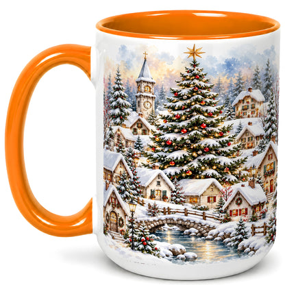 #pl[15oz|Orange] Watercolor Christmas Village Coffee Mug, Winter Village Mug, Ceramic Cup