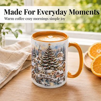 #pl[15oz|Orange] Watercolor Christmas Village Coffee Mug, Winter Village Mug, Ceramic Cup