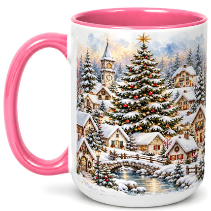 #pl[15oz|Pink] Watercolor Christmas Village Coffee Mug, Winter Village Mug, Ceramic Cup
