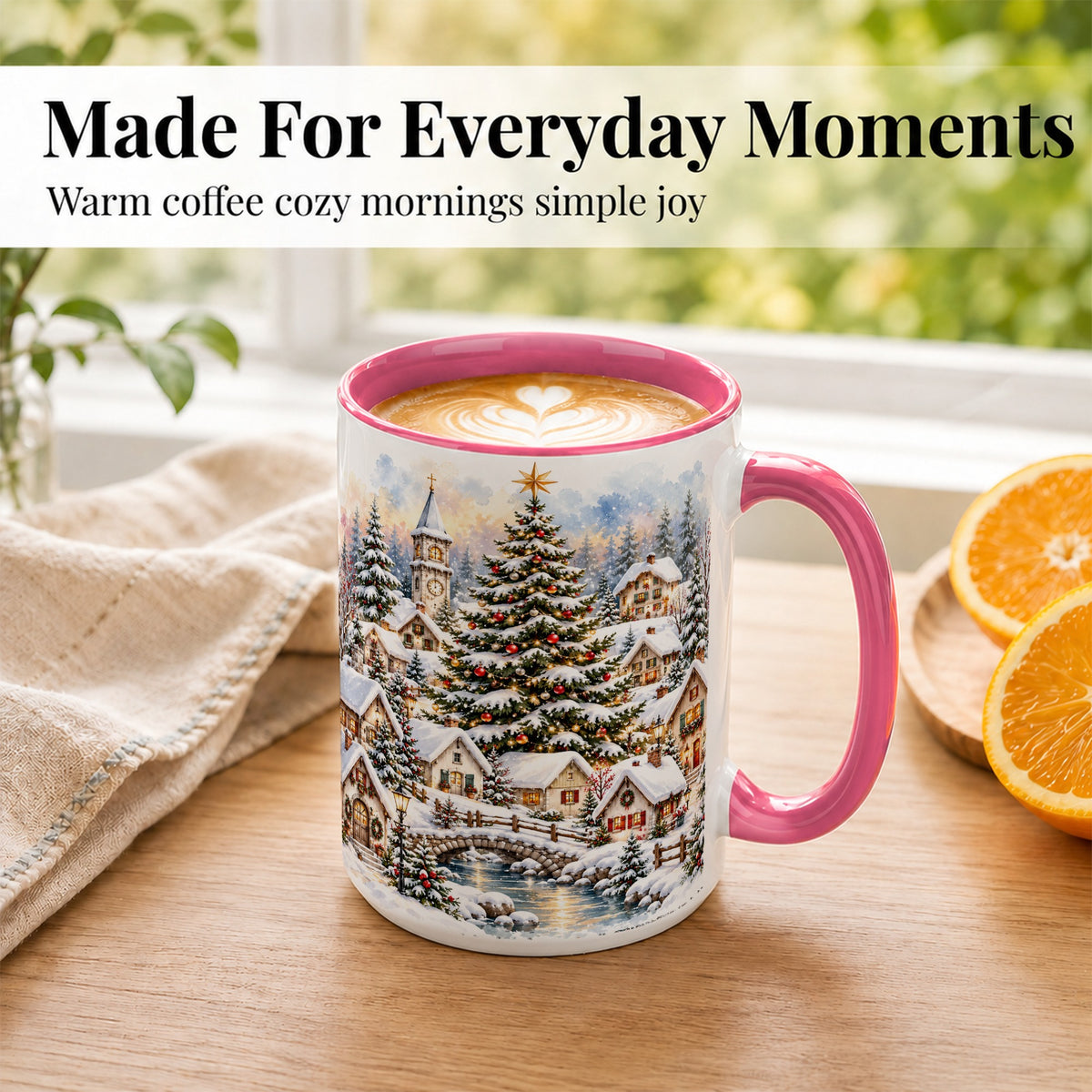 #pl[15oz|Pink] Watercolor Christmas Village Coffee Mug, Winter Village Mug, Ceramic Cup