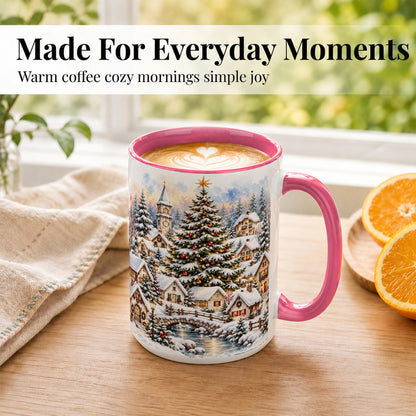 #pl[15oz|Pink] Watercolor Christmas Village Coffee Mug, Winter Village Mug, Ceramic Cup