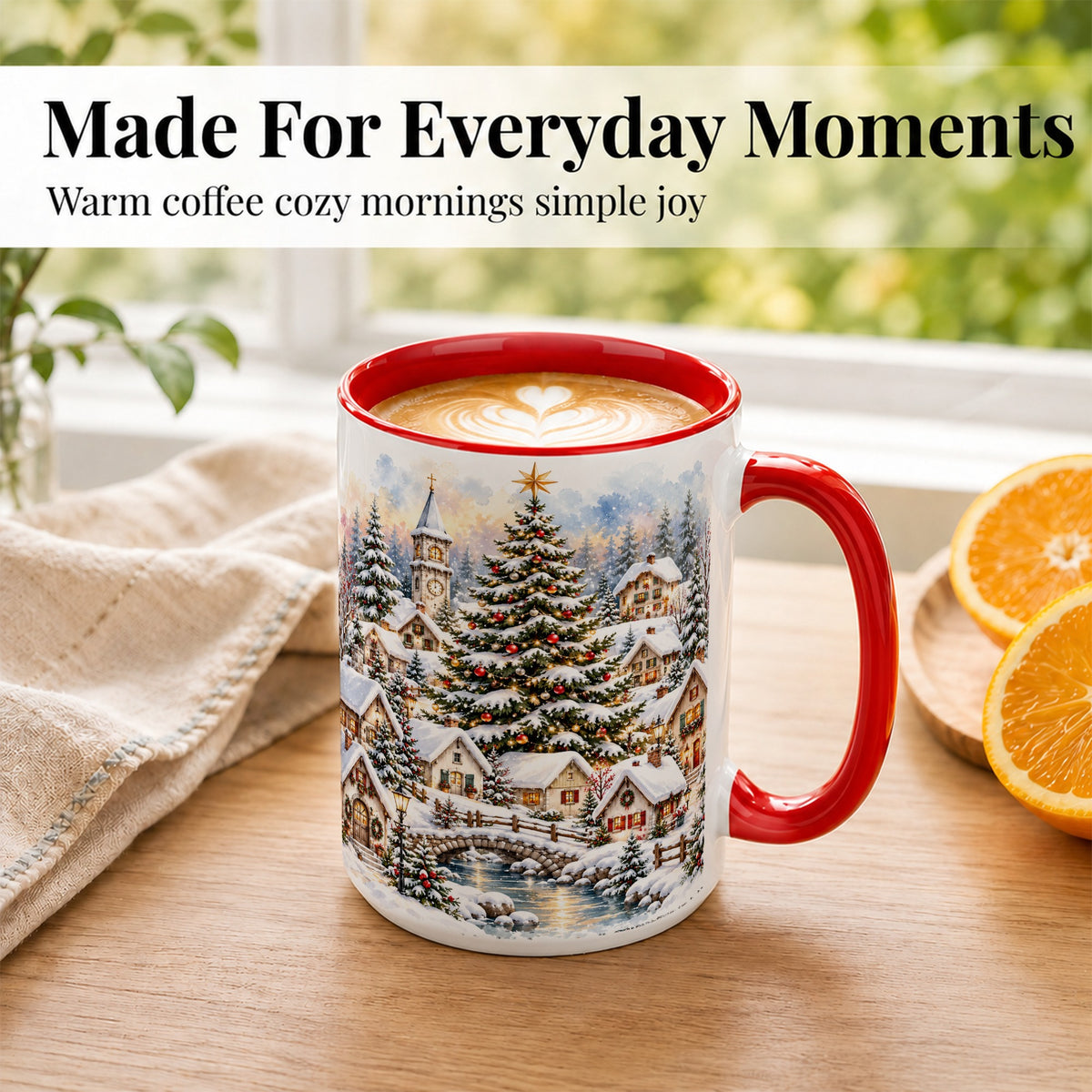#pl[15oz|Red] Watercolor Christmas Village Coffee Mug, Winter Village Mug, Ceramic Cup