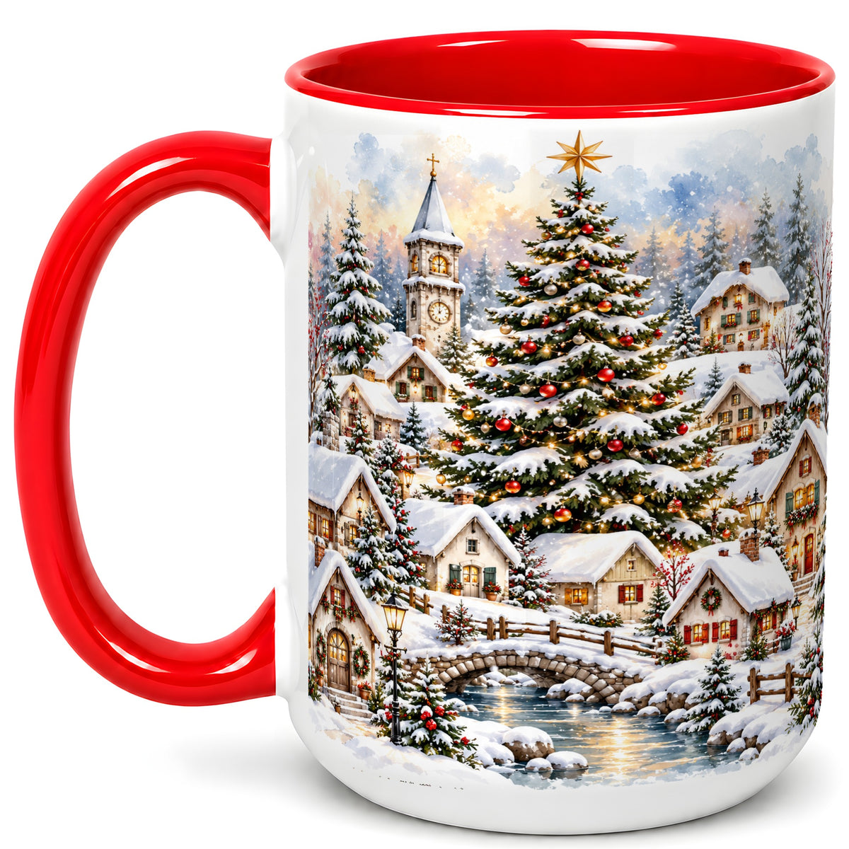 #pl[15oz|Red] Watercolor Christmas Village Coffee Mug, Winter Village Mug, Ceramic Cup