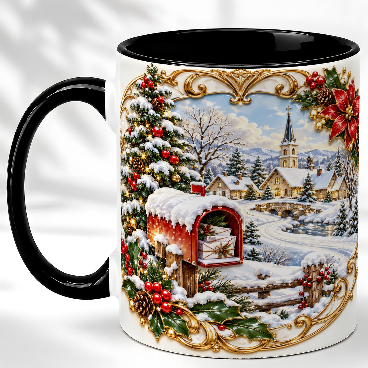 #pl[11oz|Black] Christmas Mailbox Village Coffee Mug, Snowy Village Mug, Ceramic Cup