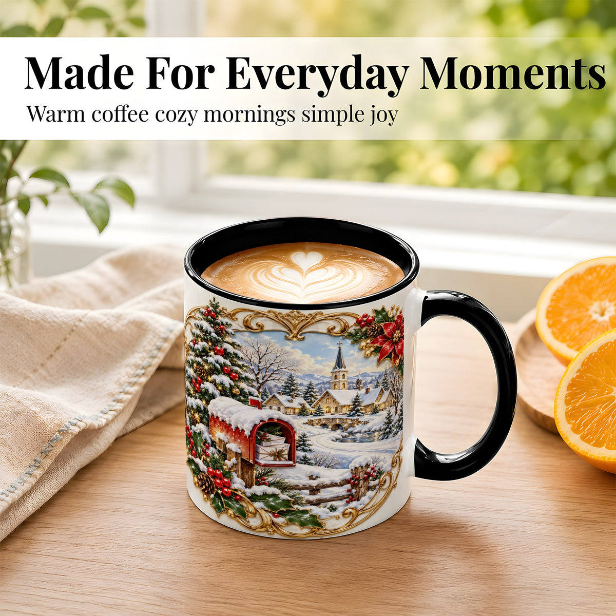 #pl[11oz|Black] Christmas Mailbox Village Coffee Mug, Snowy Village Mug, Ceramic Cup
