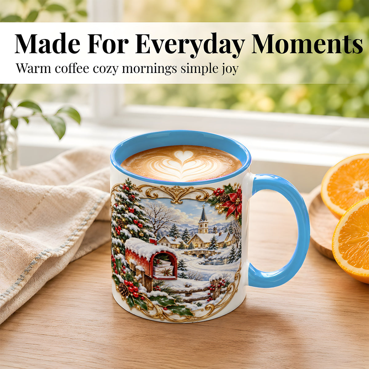 #pl[11oz|Blue] Christmas Mailbox Village Coffee Mug, Snowy Village Mug, Ceramic Cup