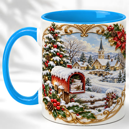 #pl[11oz|Blue] Christmas Mailbox Village Coffee Mug, Snowy Village Mug, Ceramic Cup