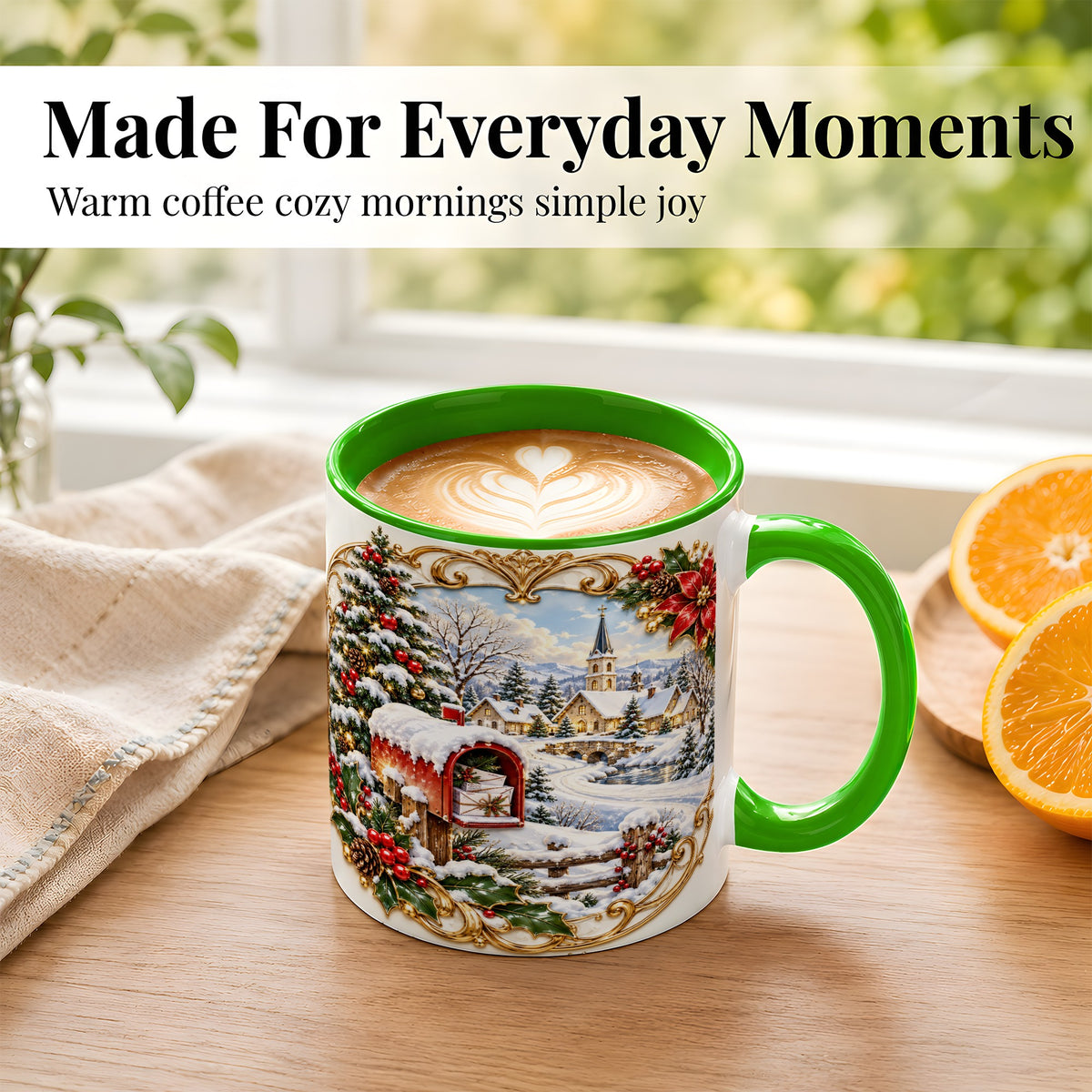 #pl[11oz|Green] Christmas Mailbox Village Coffee Mug, Snowy Village Mug, Ceramic Cup