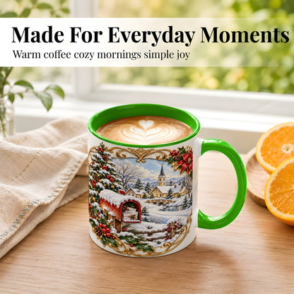 #pl[11oz|Green] Christmas Mailbox Village Coffee Mug, Snowy Village Mug, Ceramic Cup