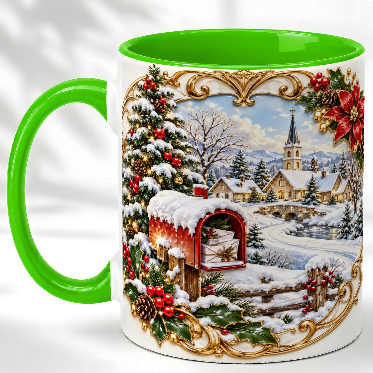 #pl[11oz|Green] Christmas Mailbox Village Coffee Mug, Snowy Village Mug, Ceramic Cup