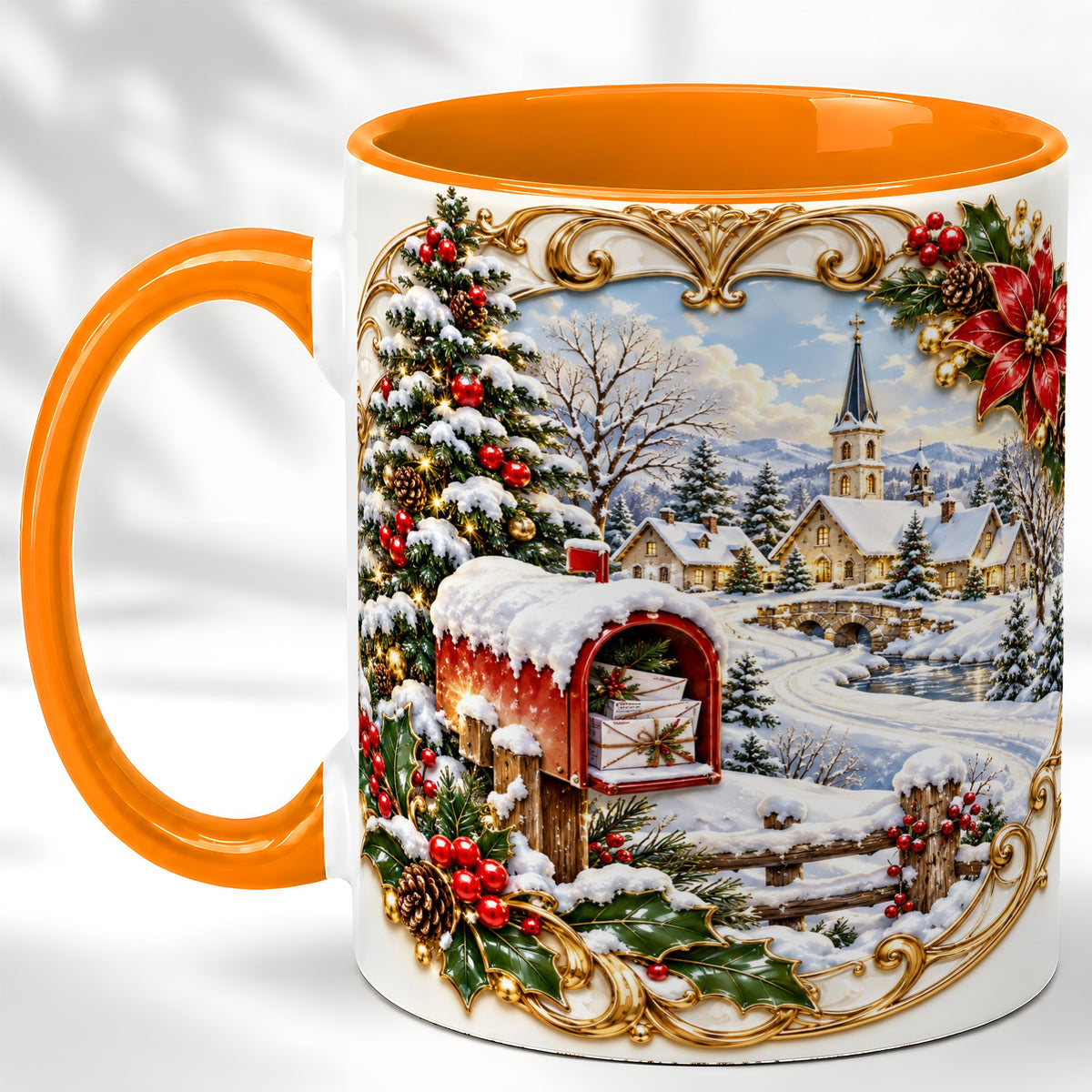 #pl[11oz|Orange] Christmas Mailbox Village Coffee Mug, Snowy Village Mug, Ceramic Cup