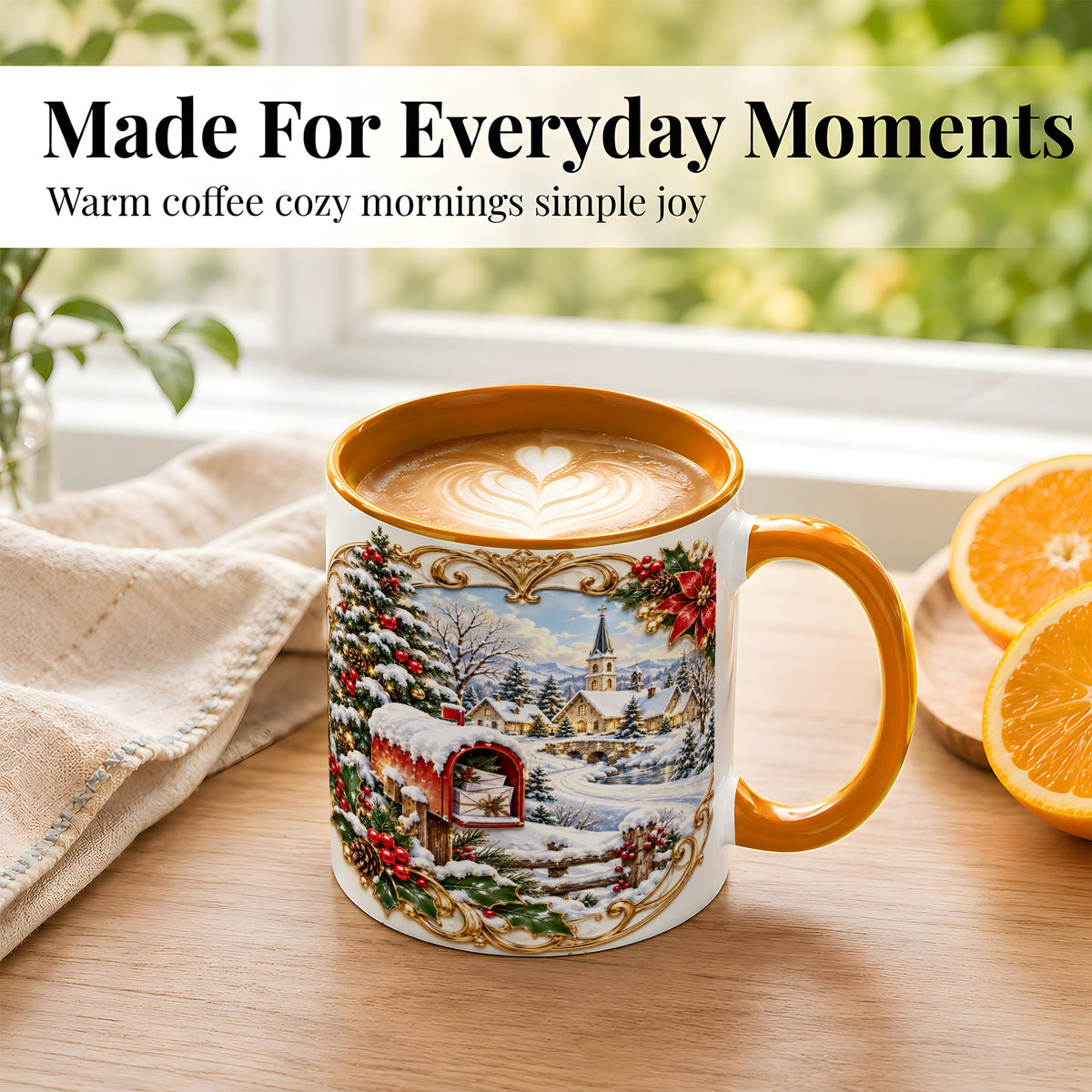 #pl[11oz|Orange] Christmas Mailbox Village Coffee Mug, Snowy Village Mug, Ceramic Cup