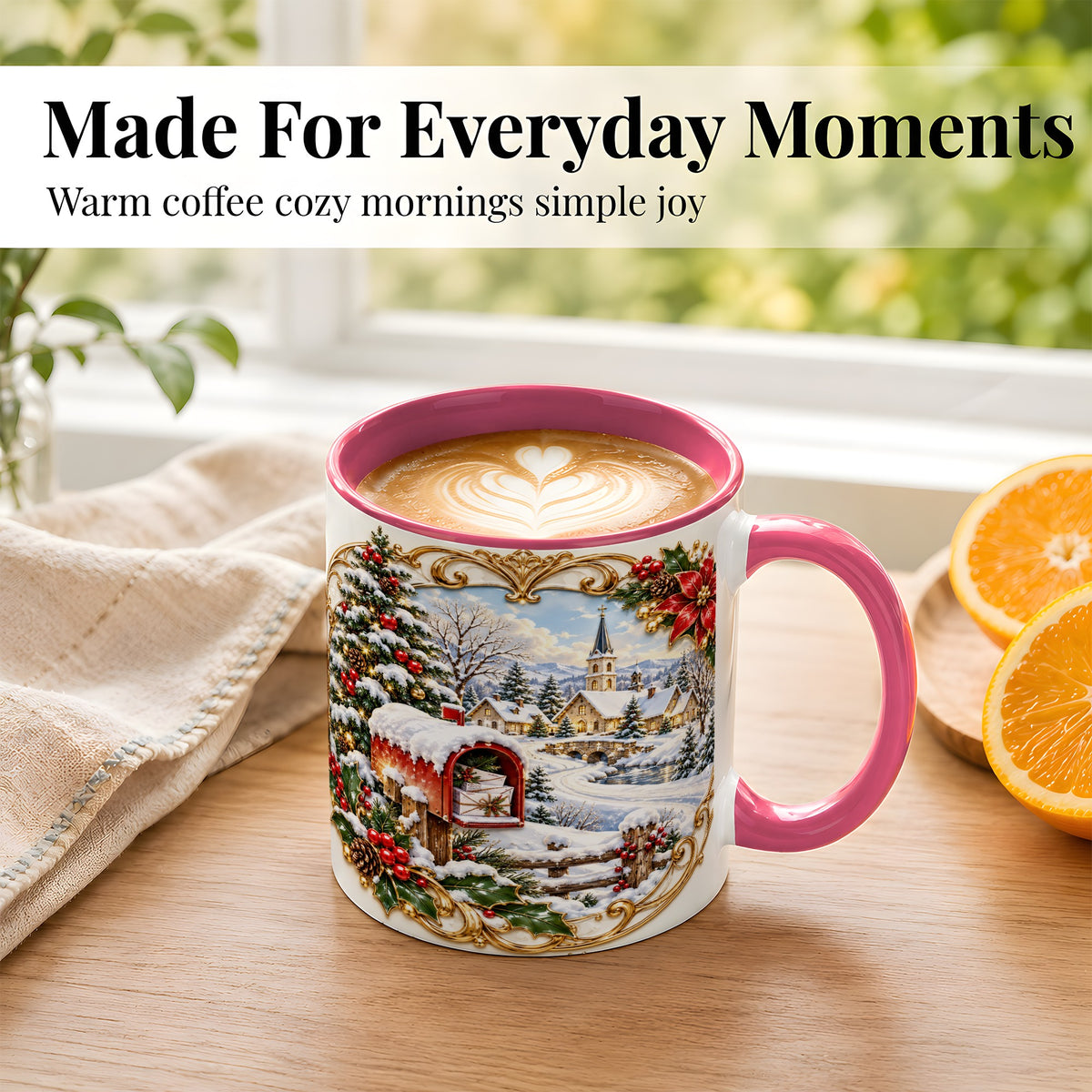 #pl[11oz|Pink] Christmas Mailbox Village Coffee Mug, Snowy Village Mug, Ceramic Cup